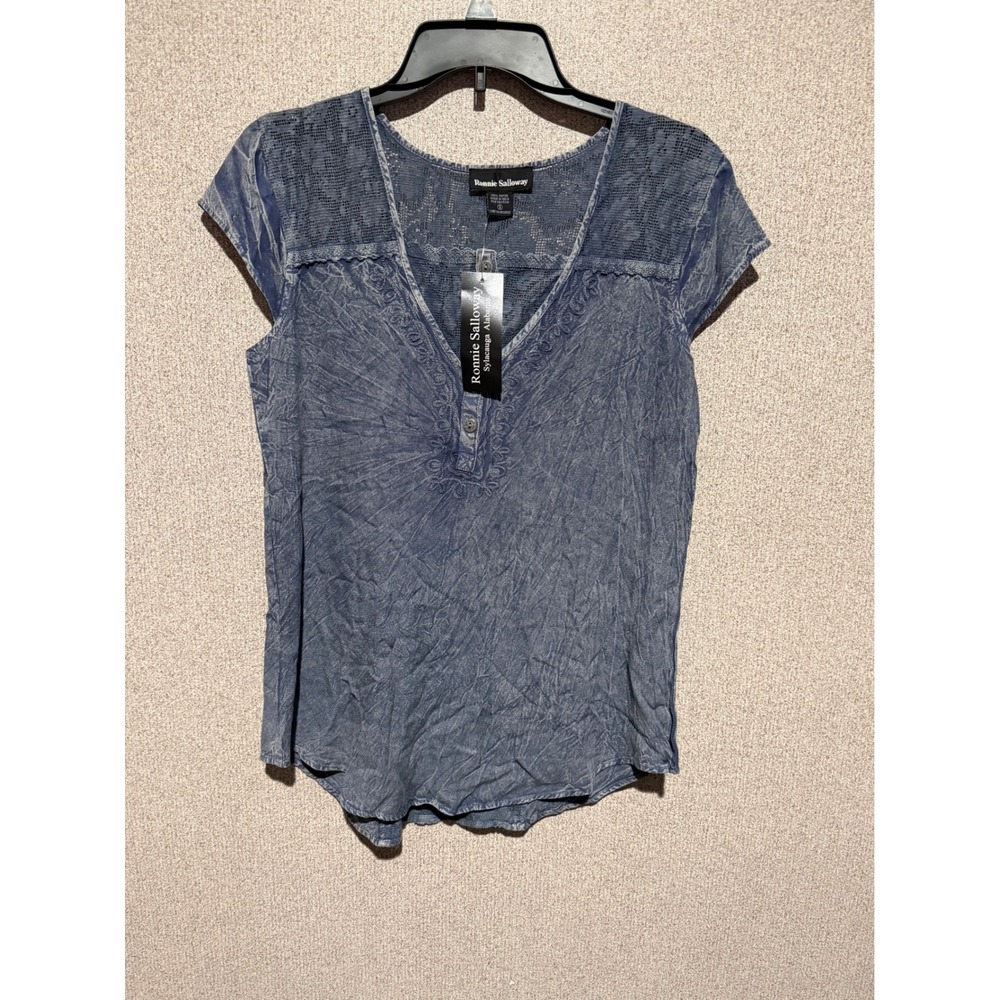 Ronnie Holloway Blue Distressed Lace‎ Paneled V Neck Henley Top Womens Size S